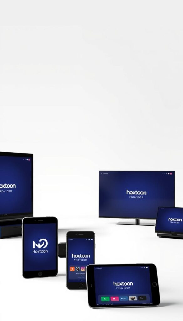 A modern, sleek, and minimalist scene showcasing the multi-device support of the Hoxtoon Provider platform. In the foreground, several contemporary electronic devices such as smartphones, tablets, and smart TVs are artfully arranged, each displaying the Hoxtoon Provider logo and interface. The middle ground features a clean, white background, emphasizing the simplicity and versatility of the service. Subtle shadows and soft, diffused lighting create depth and a sense of cohesion. The overall mood is one of technological sophistication, ease of use, and the ability to seamlessly access content across multiple devices.