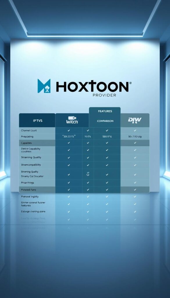 A modern, sleek comparison chart showcasing the key features and capabilities of the Hoxtoon Provider IPTV service alongside its top competitors. The chart is set against a backdrop of a minimalist tech-inspired environment, with clean lines, subtle gradients, and a cool color palette. The Hoxtoon Provider logo is prominently displayed, while the competing services are represented by their own distinct branding. The chart itself is neatly organized, highlighting metrics such as channel count, device compatibility, streaming quality, and pricing in a clear, easy-to-digest format. The overall scene conveys a sense of professionalism, authority, and consumer-focused insight, effectively illustrating the comparative analysis of the top IPTV providers.