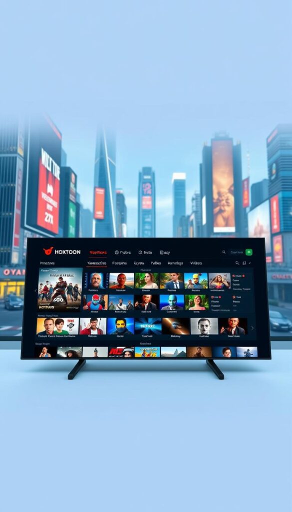 A modern, sleek control panel for the Hoxtoon Provider IPTV service, showcasing an intuitive user interface with a clean, minimalist design. The panel features a central dashboard displaying real-time viewership statistics, content categorization, and personalized recommendations. Vibrant, high-definition video thumbnails populate the middle ground, highlighting the expansive library of 21,000+ live channels and 150,000+ on-demand titles. In the background, a futuristic cityscape with towering skyscrapers and neon-lit billboards conveys a sense of technological innovation and forward-thinking vision. Soft, ambient lighting and a cool color palette create a premium, sophisticated atmosphere, reflecting Hoxtoon Provider's position as a leader in the evolving streaming landscape.