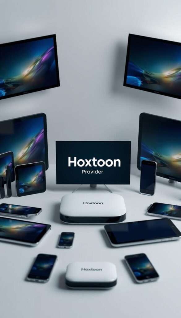 A modern, sleek device displaying the Hoxtoon Provider logo, surrounded by a selection of tablets, smartphones, and smart TVs of various sizes and orientations. The devices are arranged in a visually appealing, symmetrical composition, emphasizing the multi-device compatibility of the Hoxtoon IPTV service. The scene is illuminated by soft, directional lighting that creates a subtle sense of depth and dimensionality. The background is a minimalist, gradient-based design that complements the technological theme without distracting from the main focus. The overall mood is one of sophistication, connectivity, and the seamless integration of media across multiple platforms.