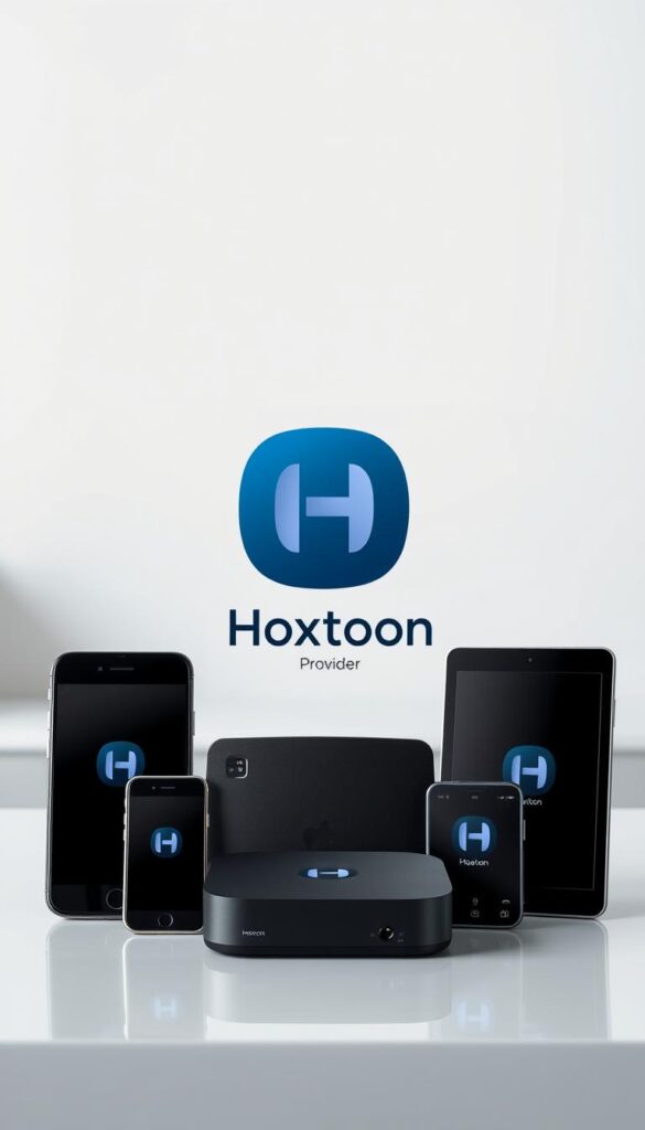 A modern, sleek device interface with the Hoxtoon Provider logo prominently displayed. In the foreground, multiple electronic devices such as smartphones, tablets, and a streaming media player are arranged, showcasing the multi-device support. The devices are rendered in high detail, with realistic textures and reflections. The middle ground features a minimalist design, with clean lines and a neutral color palette, emphasizing the versatility and seamless integration of the Hoxtoon service across various platforms. The background is slightly blurred, creating a sense of depth and focus on the central devices. The overall composition conveys the idea of a comprehensive, cross-device IPTV solution provided by Hoxtoon.