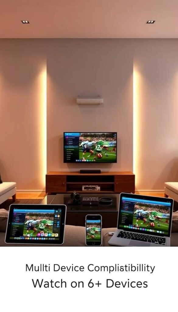A modern, sleek entertainment room with multiple devices displaying IPTV sports channels from the Hoxtoon Provider. The room is bathed in warm, inviting lighting, with a large flat-screen TV as the central focus. Surrounding it are a tablet, a smartphone, and a laptop, all seamlessly integrated and streaming high-quality sports content. The devices are arranged in a visually appealing, symmetrical layout, emphasizing the multi-device compatibility. The overall atmosphere is one of comfort, technology, and the thrill of live sports, capturing the essence of the "Multi-Device Compatibility: Watch on 6+ Devices" section.