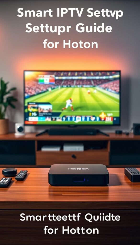 A modern, sleek home entertainment setup showcasing the Hoxtoon Provider smart IPTV system. In the foreground, a minimalist black set-top box with the Hoxtoon logo stands prominently on a wooden TV stand, surrounded by remote controls and other smart home devices. The middle ground features a large, high-definition LED television displaying a live sports broadcast, with crisp, vibrant colors and deep blacks. In the background, the room is bathed in warm, diffused lighting, creating a cozy, inviting atmosphere perfect for enjoying the ultimate IPTV experience. The scene conveys a sense of technological sophistication and seamless integration, perfectly aligning with the "Smart IPTV Setup Guide for Hoxtoon" section of the article.