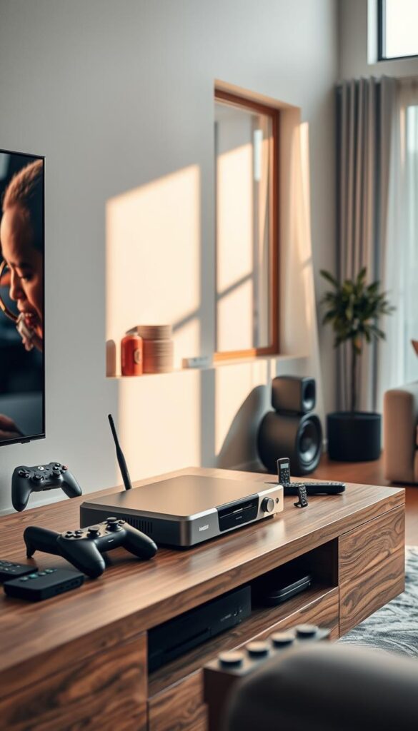 A modern, sleek home entertainment setup with a Hoxtoon Provider IPTV streaming device prominently displayed on a minimalist wooden entertainment center. The device is surrounded by a variety of media including remote controls, game controllers, and other accessories, all in a warm, inviting living room setting with natural lighting filtering in through large windows. The overall atmosphere conveys the convenience and endless entertainment options provided by a premium IPTV service.