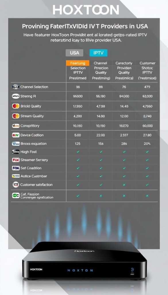 A modern, sleek infographic comparing the features and performance of the Hoxtoon Provider IPTV service against other top-rated IPTV providers in the USA. Set against a clean, minimalist background with subtle geometric patterns, the infographic showcases key metrics like channel selection, streaming quality, device compatibility, and customer satisfaction in a clear, visually appealing layout. Crisp, high-resolution product shots of the Hoxtoon device are prominently featured, showcasing its modern, attractive design. The overall impression is one of professionalism, technical prowess, and market leadership for the Hoxtoon brand.