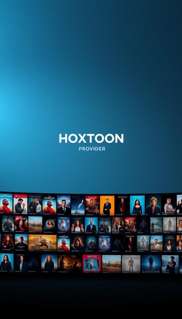 A modern, sleek interface showcasing the expansive HOXTOON VOD Collection, the ultimate on-demand entertainment hub. In the foreground, rows of movie and TV show thumbnails in a clean, grid-like layout, inviting exploration. The middle ground features the HOXTOON Provider logo prominently displayed, conveying a sense of quality and reliability. The background subtly blends shades of blue and gray, creating a professional, high-tech atmosphere. Lighting is soft and even, with a touch of dramatic contrast to highlight the content. The composition is balanced, drawing the viewer's eye seamlessly through the layers of the image.