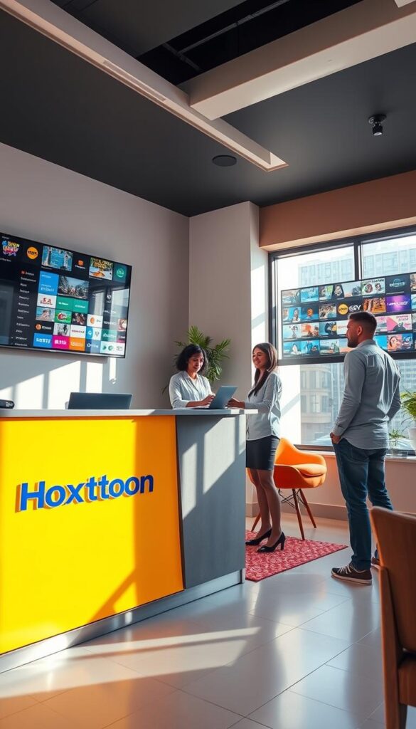 A modern, sleek latino IPTV service office with a warm, inviting atmosphere. The Hoxtoon Provider logo prominently displayed on the front desk, where a helpful customer support agent assists a customer. Behind them, a large wall-mounted TV showcases the IPTV service's diverse channel lineup. Natural lighting streams in through large windows, illuminating the space. The room features contemporary furnishings, with a subtle blend of neutral tones and pops of vibrant colors. An air of professionalism and reliability pervades the scene, reflecting the high-quality service provided by Hoxtoon.