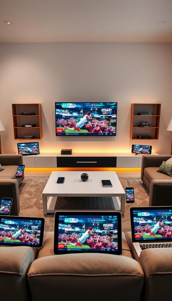 A modern, sleek living room setting with multiple electronic devices displaying the Hoxtoon Provider IPTV service. In the foreground, a large flatscreen TV showcases live sports footage, while surrounding it are various smartphones, tablets, and laptops all connected and streaming the same content simultaneously. The middle ground features a minimalist coffee table and comfortable seating arrangements, creating a cozy, immersive viewing experience. The background subtly fades into a warm, inviting ambiance, emphasizing the seamless multi-device support of the Hoxtoon Provider IPTV platform. The lighting is soft and natural, accentuating the premium, high-quality aesthetic of the scene.