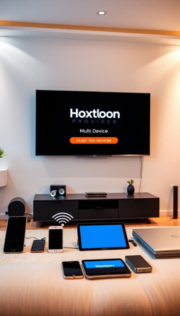 A modern, sleek living room with a large TV mounted on the wall. On the TV screen, the Hoxtoon Provider logo is prominently displayed, indicating multi-device compatibility. In the foreground, various smart devices such as smartphones, tablets, and laptops are arranged neatly, connected to the TV through seamless wireless connections. The room is well-lit, with soft, indirect lighting that creates a warm and inviting atmosphere. The overall scene conveys a sense of technological sophistication and the ease of streaming content across multiple devices simultaneously.