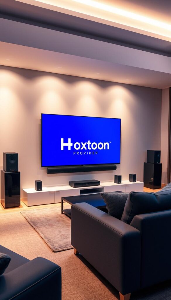 A modern, sleek living room with a large TV screen displaying the Hoxtoon Provider logo. The screen is surrounded by high-end audio equipment, including a soundbar and satellite speakers, all in a minimalist, high-tech design. Soft, indirect lighting illuminates the space, creating a warm and inviting atmosphere. The room's layout and furnishings suggest a premium, professional-grade IPTV setup, emphasizing reliable, high-quality streaming performance.