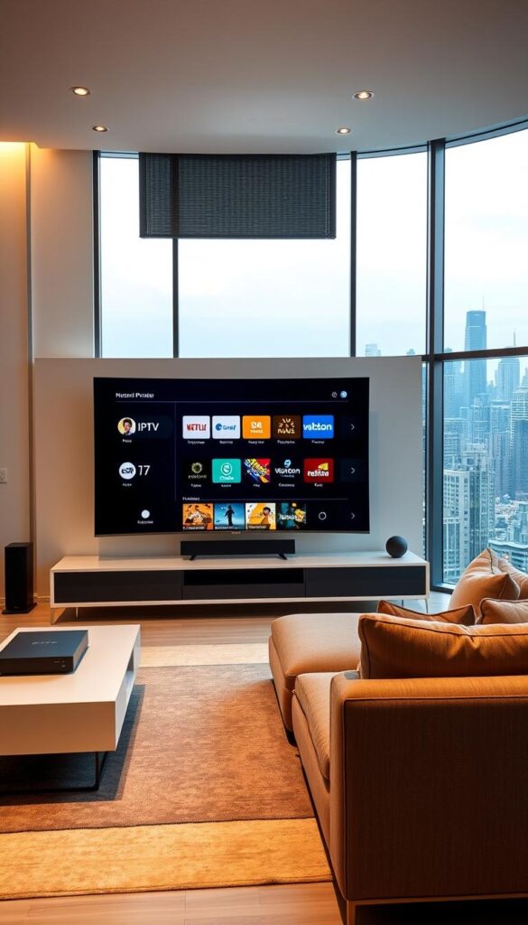 A modern, sleek living room with a large, curved smart TV screen prominently displayed. On the screen, various IPTV service logos and content thumbnails are visible, including the "Hoxtoon Provider" brand. The room is bathed in warm, soft lighting, creating a cozy and inviting atmosphere. In the foreground, a high-end, minimalist entertainment console holds additional media devices. The middle ground features a comfortable, L-shaped sofa facing the TV, and the background showcases large windows overlooking a vibrant, urban skyline. The overall scene conveys the revolution of television entertainment through the seamless integration of IPTV technology into a luxurious, contemporary living space.