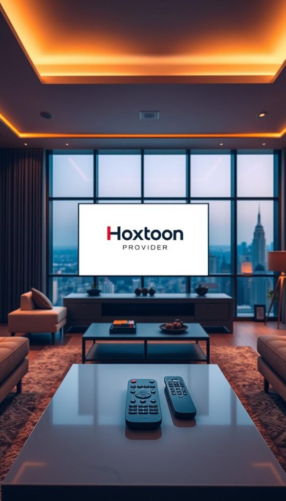 A modern, sleek living room with a large flatscreen TV displaying the Hoxtoon Provider logo. The room is well-lit with warm, diffused lighting, creating a cozy and inviting atmosphere. In the foreground, a minimalist coffee table holds a high-end remote control, hinting at the premium IPTV service. The middle ground features stylish, comfortable seating arrangements, suggesting a premium home entertainment experience. The background showcases large windows overlooking a picturesque city skyline, reinforcing the idea of a top-rated IPTV service that offers a seamless, elevated streaming experience.
