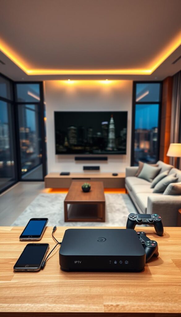 A modern, sleek living room with a large flatscreen TV mounted on the wall. The room is bathed in warm, ambient lighting, creating a cozy atmosphere. In the foreground, a variety of contemporary media devices, including a Hoxtoon Provider IPTV box, a smartphone, a tablet, and a gaming console, are neatly arranged on a minimalist, wooden entertainment center. The devices are connected, illustrating the multi-device support capabilities of the Hoxtoon Provider IPTV service. The middle ground features a plush, L-shaped sofa facing the TV, with a small coffee table in front. The background showcases large windows overlooking a city skyline, adding depth and a sense of urban sophistication to the scene.