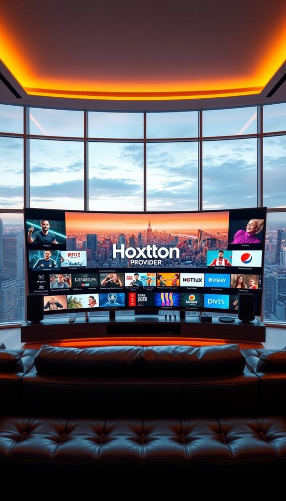 A modern, sleek living room with large windows overlooking a vibrant city skyline. In the center, a high-end entertainment system with a massive curved OLED TV. On the screen, the Hoxtoon Provider logo is prominently displayed, surrounded by a dynamic array of live TV channels, on-demand content, and streaming services. The room is bathed in warm, cinematic lighting, creating a cozy and immersive atmosphere. In the foreground, a comfortable leather sofa and a state-of-the-art sound system, inviting viewers to experience the ultimate IPTV entertainment. The overall scene conveys a sense of sophistication, technology, and the pinnacle of home entertainment.