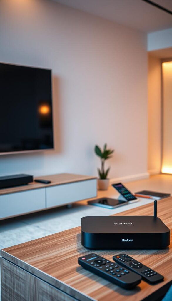 A modern, sleek media room with a large flat-screen TV mounted on the wall. In the foreground, a Hoxtoon Provider set-top box and a selection of remote controls sit on a minimalist wooden entertainment center. The middle ground features a variety of devices - smartphones, tablets, and laptops - all connected and streaming content seamlessly. The background showcases a minimalist, well-lit interior design with warm lighting and clean lines, creating a cozy and inviting atmosphere for a home entertainment setup.