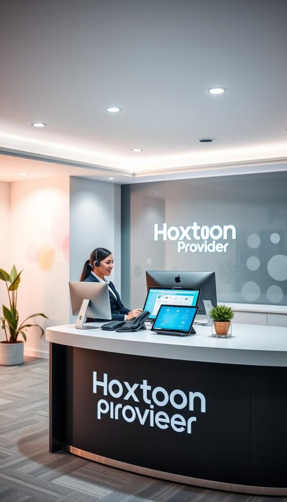 A modern, sleek office setting with a prominent desk showcasing the Hoxtoon Provider brand name. The desk is adorned with a state-of-the-art computer setup, crisp lighting, and a professional, customer-centric atmosphere. In the foreground, a knowledgeable customer service representative in business attire is engaged in a friendly, helpful discussion with a customer. The middle ground features an array of communication tools, such as a high-quality headset and a touchscreen display demonstrating the Hoxtoon Provider's intuitive interface. The background depicts a minimalist, yet warm and inviting decor, conveying a sense of reliability and trustworthiness.
