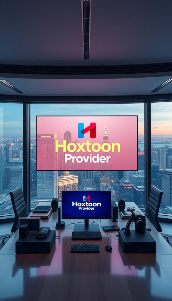 A modern, sleek office space with a large window overlooking a bustling city skyline. In the center, a prominent display showcases the Hoxtoon Provider brand, its bold logo and vibrant color scheme commanding attention. On the desk, various high-tech devices and accessories, reflecting the cutting-edge nature of the IPTV service. Soft, directional lighting highlights the premium feel of the space, while subtle cinematic camera angles capture the dynamic energy of the scene. The overall atmosphere conveys a sense of innovation, professionalism, and the promise of an exceptional IPTV experience.
