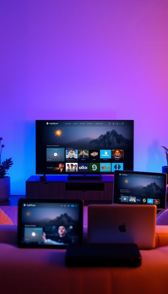 A modern, sleek setup showcasing multi-device streaming with the Hoxtoon Provider service. In the foreground, various devices - a smart TV, tablet, smartphone, and laptop - are arranged neatly, each displaying different content. The devices are bathed in a soft, warm light, creating a cozy, inviting atmosphere. In the middle ground, a subtle gradient backdrop in shades of blue and purple adds depth and a sense of technological sophistication. The background features a minimalist, geometric pattern, subtly hinting at the interconnected nature of the streaming experience. The overall composition conveys the ease and convenience of accessing content across multiple devices with the Hoxtoon Provider.