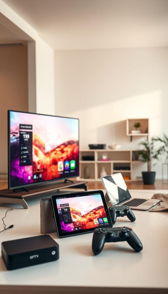 A modern, sleek setup showcasing the multi-device compatibility of the Hoxtoon Provider platform. In the foreground, a stylish smart TV displays a vibrant, high-definition IPTV stream. Surrounding it, an array of devices - a tablet, a smartphone, a laptop, and a gaming console - all seamlessly connected and accessing the Hoxtoon Provider content. The middle ground features carefully curated, on-brand lifestyle props, creating a cohesive, minimalist aesthetic. The background is a softly lit, warm-toned interior, highlighting the versatility and integration of the Hoxtoon Provider service across a variety of devices and settings. Lighting is natural and diffused, with a clean, modern, and inviting atmosphere.