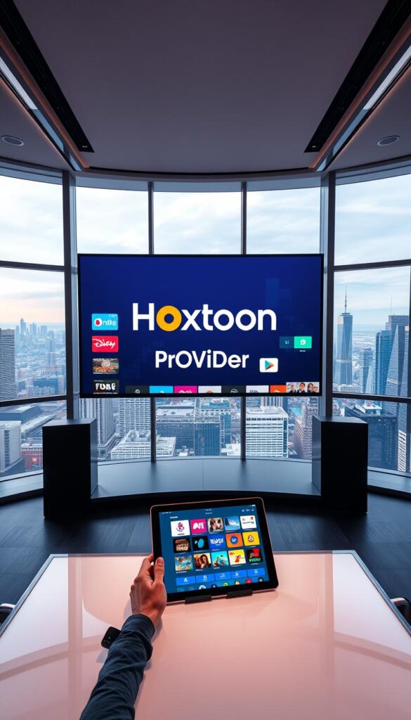 A modern, sleek studio with large windows overlooking a bustling city skyline. In the center, a large display showcases the Hoxtoon Provider logo, prominently featured against a backdrop of colorful channel icons and graphics. The lighting is soft and warm, creating a professional yet inviting atmosphere. In the foreground, a person is seated at a desk, interacting with a tablet showcasing the Hoxtoon Provider interface. The overall scene conveys a sense of technological innovation, high-quality content, and a premier IPTV service.