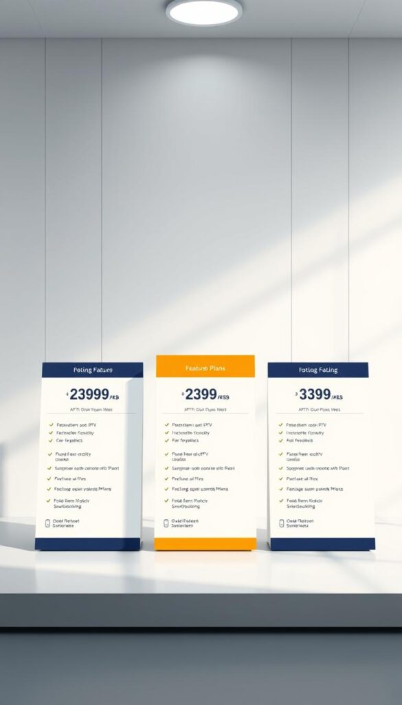 A modern, sleek table display showcasing the Hoxtoon Provider's IPTV pricing plans. The foreground features three distinct plan columns, each with clear pricing information and feature details. The middle ground has a minimalist, high-contrast background, with subtle grid lines to enhance the organizational layout. Soft, directional lighting from the top left casts gentle shadows, creating depth and dimensionality. The overall mood is professional, polished, and easy to comprehend, inviting the viewer to quickly assess the Hoxtoon Provider's IPTV offerings.