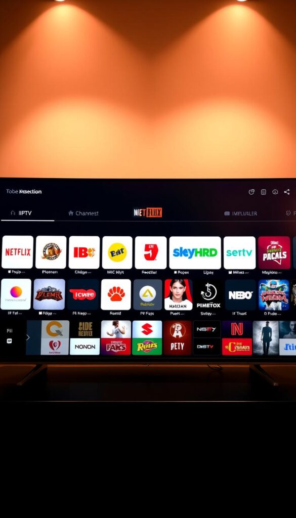 A modern, sleek user interface showcasing the vast IPTV channel selection of the Hoxtoon Provider. In the foreground, a high-resolution display with a grid of channel logos and thumbnails, each presenting a diverse range of content. The middle ground features elegant minimalist controls and navigation options, allowing smooth browsing and customization. The background is a warm, slightly out-of-focus gradient, creating a sense of depth and focus on the central interface. Crisp, realistic lighting from multiple angles highlights the clean, intuitive design. The overall mood is one of technological sophistication and content abundance, reflecting the premium Hoxtoon IPTV service.