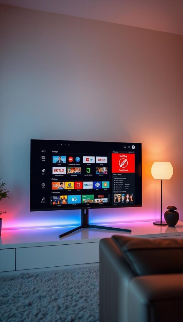 A modern, sleek user interface with the Hoxtoon Provider IPTV Smarters Pro subscription prominently displayed on a high-resolution monitor. The screen showcases a diverse selection of live TV channels, on-demand content, and customizable settings against a minimalist backdrop. Subtle ambient lighting casts a warm glow, creating a comfortable and inviting atmosphere for the user. The overall composition emphasizes the seamless integration and intuitive experience of the Hoxtoon IPTV service, reflecting the real-world customer feedback described in the article section.