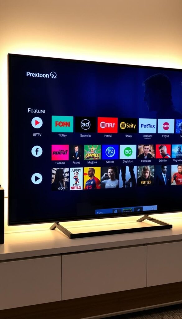 A modern, sophisticated television screen displaying a diverse array of premium IPTV channels from the Hoxtoon Provider, showcasing their advanced features and vast content library. The screen is backlit with a soft, warm glow, creating a premium, luxurious atmosphere. The channels are neatly organized, with clear icons and labels, making navigation intuitive. The overall composition is sleek, minimalist, and visually striking, highlighting the advanced technology and premium offerings of the Hoxtoon IPTV service.