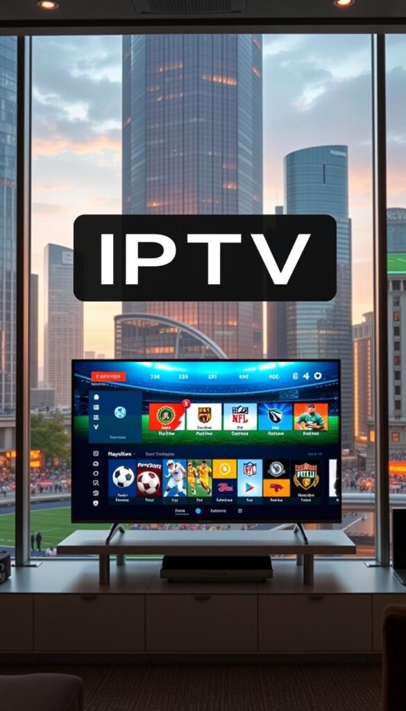 A modern sports entertainment hub with the Hoxtoon Provider IPTV package, featuring a sleek and stylish interface. In the foreground, a television displays live sports coverage, its screen illuminated by a soft, natural lighting. The middle ground showcases various sports icons and symbols, subtly hinting at the wide range of content available. In the background, a dynamic cityscape with towering skyscrapers and a vibrant, energetic atmosphere sets the scene, reflecting the reliable and high-quality service provided by Hoxtoon Provider.
