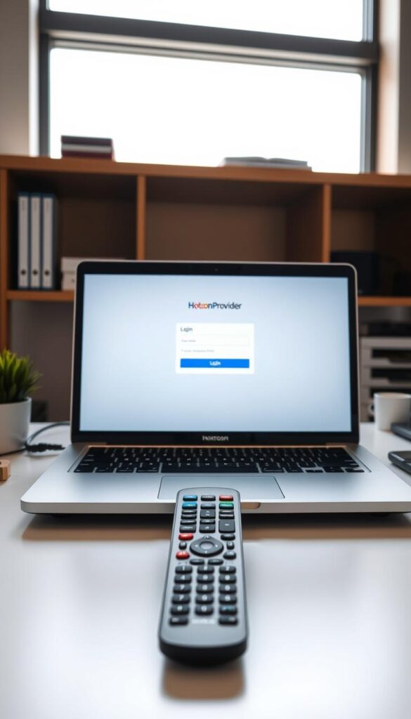 A modern, step-by-step setup guide for the Hoxtoon Provider IPTV service. A clean, well-organized desk with a laptop and remote control prominently displayed. The laptop screen shows the Hoxtoon Provider login page, while the remote control is positioned next to it. Bright, natural lighting illuminates the scene, creating a crisp, professional atmosphere. The overall composition conveys a sense of clarity and ease-of-use for the IPTV installation process.