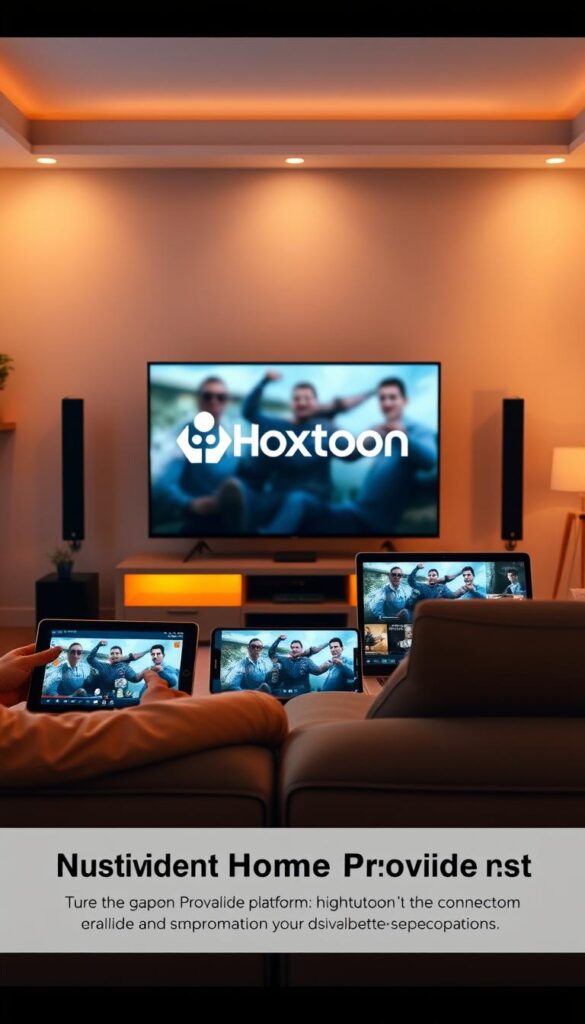 A modern, tech-savvy home living room with various devices seamlessly connected and streaming content from the Hoxtoon Provider platform. The scene features a sleek TV in the center, surrounded by a tablet, smartphone, and laptop - all displaying different video streams. Warm, ambient lighting sets a cozy, immersive atmosphere. The arrangement conveys the ease and flexibility of multi-device streaming, with the Hoxtoon Provider logo prominently displayed. The overall composition showcases the integrated, high-quality streaming experience Hoxtoon Provider offers.