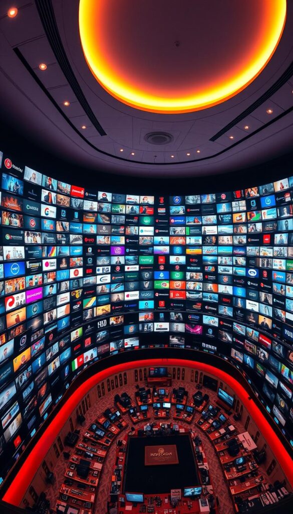 A modern, vibrant Arabic IPTV service with a vast, diverse content library. A expansive panoramic view showcasing the sheer scale and breadth of the Hoxtoon Provider's offering - thousands of channels spanning news, entertainment, sports, and more, complemented by a vast video-on-demand catalog. The scene is bathed in warm, saturated lighting, drawing the viewer's eye across the comprehensive channel grid. The overall impression is one of unparalleled content abundance and choice, reflecting the power and capabilities of the Hoxtoon Provider platform.