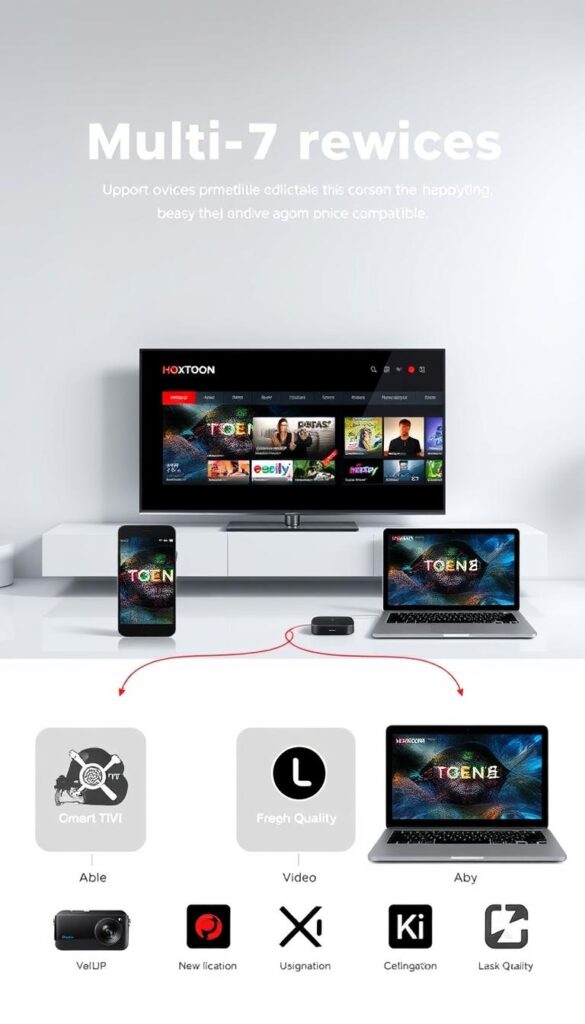 A modern, visually striking illustration of multi-device compatibility for the Hoxtoon Provider IPTV service. Set against a sleek, minimalist background, an array of contemporary electronic devices - a smart TV, tablet, smartphone, and laptop - are elegantly arranged, each seamlessly streaming high-quality video content. Vibrant, saturated colors and clean, sharp lines convey a sense of technological sophistication and user-friendly accessibility. Subtle lighting and reflections add depth and a touch of premium elegance, while the harmonious composition highlights the seamless integration of the Hoxtoon Provider platform across a range of devices.