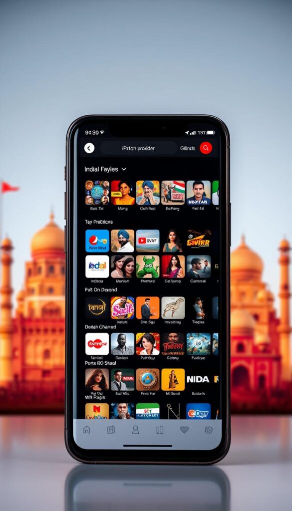 A modern, visually striking image of an IPTV India subscription service. In the foreground, a smartphone displays the Hoxtoon Provider app interface, showcasing a diverse selection of Indian TV channels and on-demand content. The middle ground features a sleek, minimal UI with clean typography and intuitive navigation controls. In the background, an array of Indian cultural motifs and landmarks create a sense of authenticity and cultural connection. The lighting is soft and diffused, lending a premium, high-quality feel to the scene. The overall mood is one of seamless accessibility to premium Indian entertainment, captured through a contemporary, tech-savvy lens.