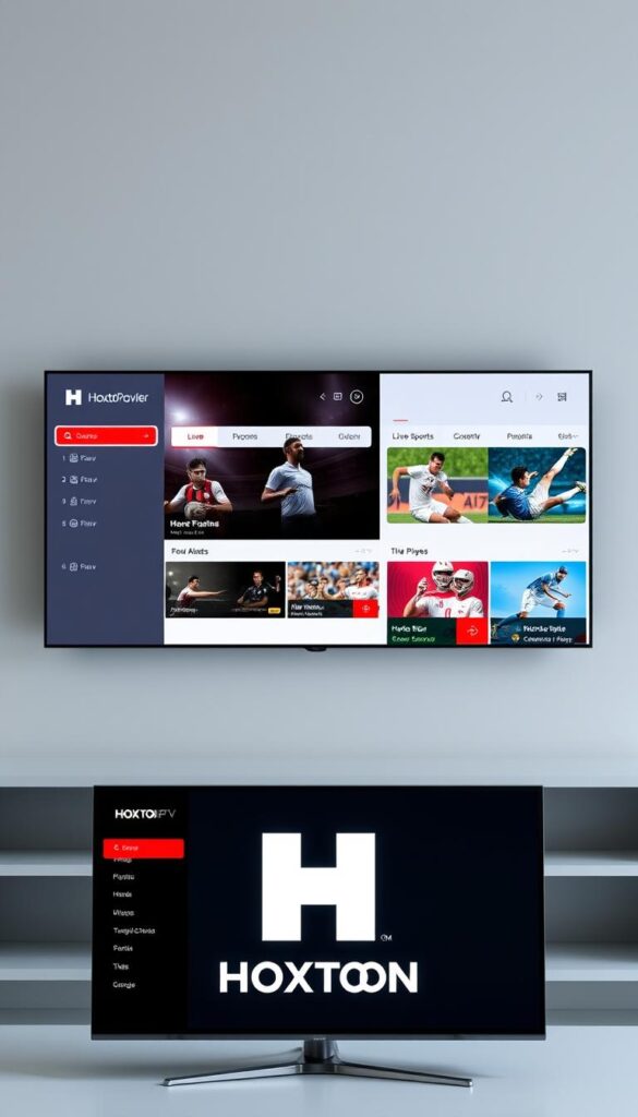 A modern, well-designed IPTV service interface with the Hoxtoon Provider brand prominently displayed. The foreground features a sleek, intuitive menu system with crisp icons and user-friendly navigation. The middle ground showcases a selection of live sports events and on-demand content, presented in a visually appealing grid layout. The background depicts a subtle, minimalist design with clean lines and a muted color palette, creating a sophisticated and polished atmosphere. The overall composition conveys a sense of high-quality, reliable IPTV service tailored for sports enthusiasts.