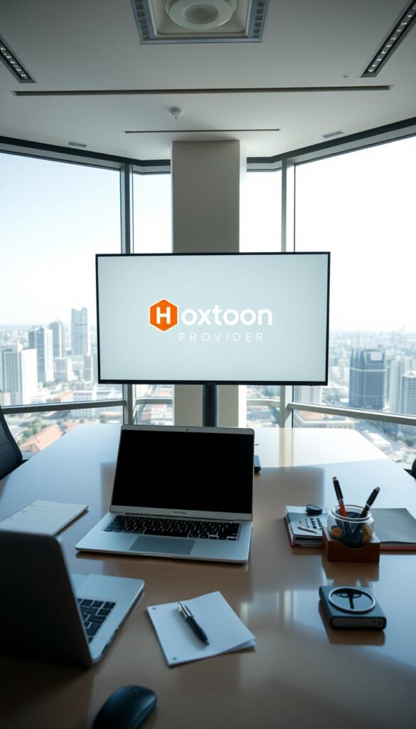 A modern, well-designed office setting with a large, flat-screen monitor displaying the Hoxtoon Provider logo in the center. The office is filled with natural light, with large windows overlooking a cityscape in the background. On the desk, there are various office supplies, including a sleek laptop, a notepad, and a pen holder. The overall atmosphere is professional, clean, and inviting, conveying the legitimacy and reliability of the Hoxtoon Provider IPTV service.