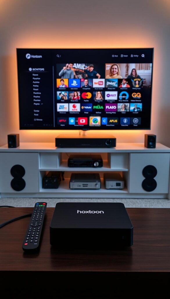 A modern, well-equipped IPTV setup with a Hoxtoon Provider box at the center, seamlessly integrating streaming apps and live TV channels. The setup features a sleek, minimalist design with a high-end 4K TV, a premium sound system, and intuitive remote controls. Soft ambient lighting creates a cozy, theater-like atmosphere, while the cable management system ensures a clutter-free, professional look. The Hoxtoon Provider box stands out with its distinctive branding, highlighting the reliable and user-friendly IPTV service. In the background, a well-organized entertainment center houses additional components, creating a cohesive and visually appealing setup for the ultimate home entertainment experience.