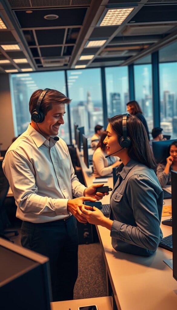 A modern, well-equipped customer service office for the Hoxtoon Provider IPTV streaming service. In the foreground, a friendly support agent dressed in a crisp collared shirt and headset assists a Firestick user, patiently explaining features and troubleshooting steps. The middle ground showcases rows of desks with agents responding to inquiries via phone and computer, creating a buzz of productivity. In the background, floor-to-ceiling windows offer a view of a bustling city skyline, conveying a sense of a professional, customer-centric organization. Warm lighting and muted tones create a welcoming, reassuring atmosphere.