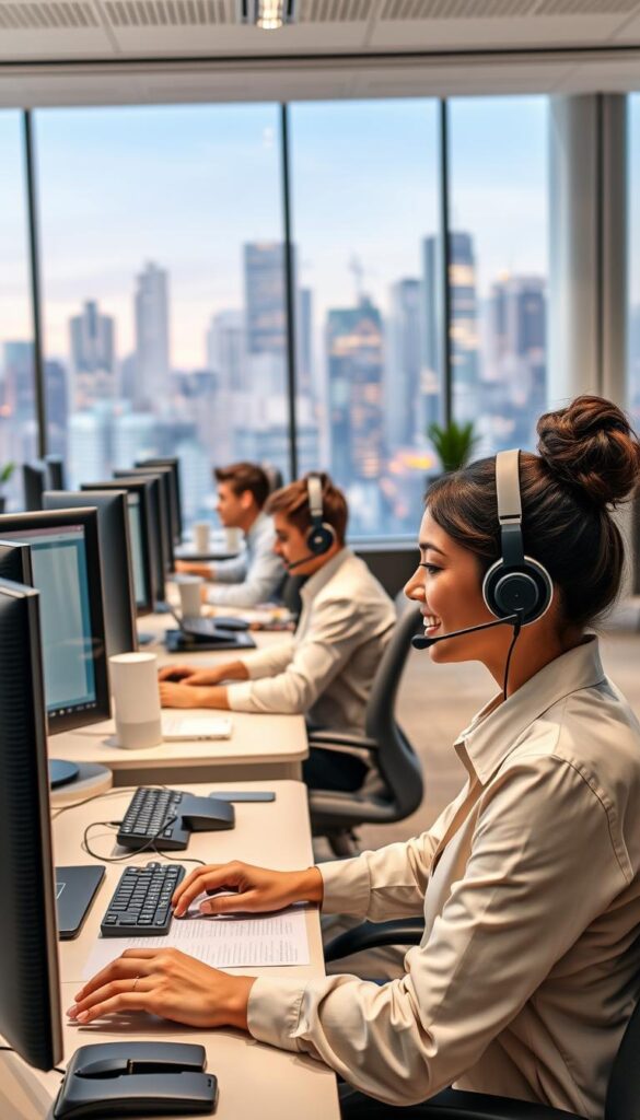 A modern, well-equipped customer support center with Hoxtoon Provider branding. In the foreground, friendly customer service representatives in smart casual attire provide attentive assistance to clients via headsets and computer screens. The middle ground features a spacious, open-plan office layout with ergonomic workstations and subtle company decor. The background showcases a vibrant city skyline visible through large windows, conveying a sense of an established, trustworthy organization. Soft, directional lighting creates a welcoming, professional atmosphere.