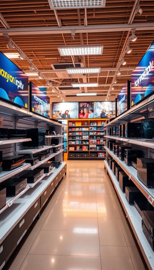 A modern, well-equipped electronics store interior with sleek shelves displaying a variety of IPTV devices and services. Prominent signage for the "Hoxtoon Provider" brand, showcasing their diverse channel and content offerings. Warm, inviting lighting illuminates the space, creating an atmosphere of reliability and technological innovation. The camera angle captures a balanced, symmetrical composition that highlights the store's professional, high-quality presentation. The overall scene conveys a sense of trust, quality, and the Best Buy IPTV experience.