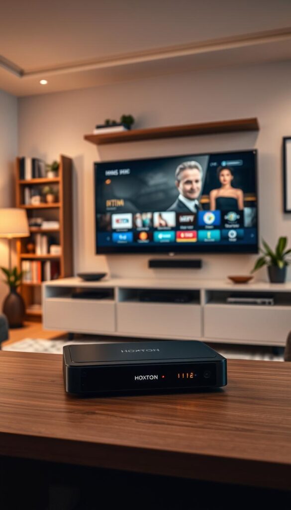 A modern, well-equipped home media center with a large 4K TV displaying a reliable IPTV streaming service by Hoxtoon Provider. The scene is bathed in warm, soft lighting, creating a cozy and inviting atmosphere. In the foreground, a sleek, minimalist media console houses the IPTV streaming device, its LED indicators glowing steadily to signify a stable and secure connection. The background features a tastefully decorated living room, with bookshelves, indoor plants, and subtle artwork, conveying a sense of comfort and sophistication. The overall impression is of a high-quality, premium IPTV service that seamlessly integrates with a well-appointed home entertainment setup, delivering a reliable and enjoyable streaming experience.