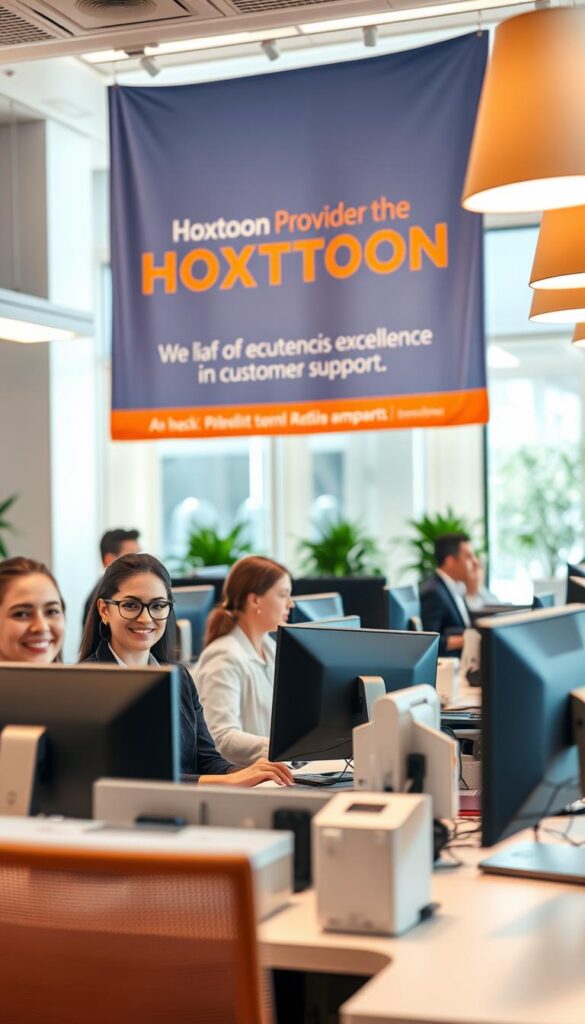 A modern, well-lit customer service office of the Hoxtoon Provider, with a team of helpful representatives assisting customers at their desks. Warm lighting creates a professional yet inviting atmosphere. The foreground shows the smiling agents in business attire, focused on their tasks. The middle ground features neatly organized workstations with state-of-the-art computers and monitors. In the background, a large branded banner hangs, highlighting the Hoxtoon Provider's commitment to excellence in customer support. The overall scene conveys a sense of efficiency, reliability, and a customer-centric approach.