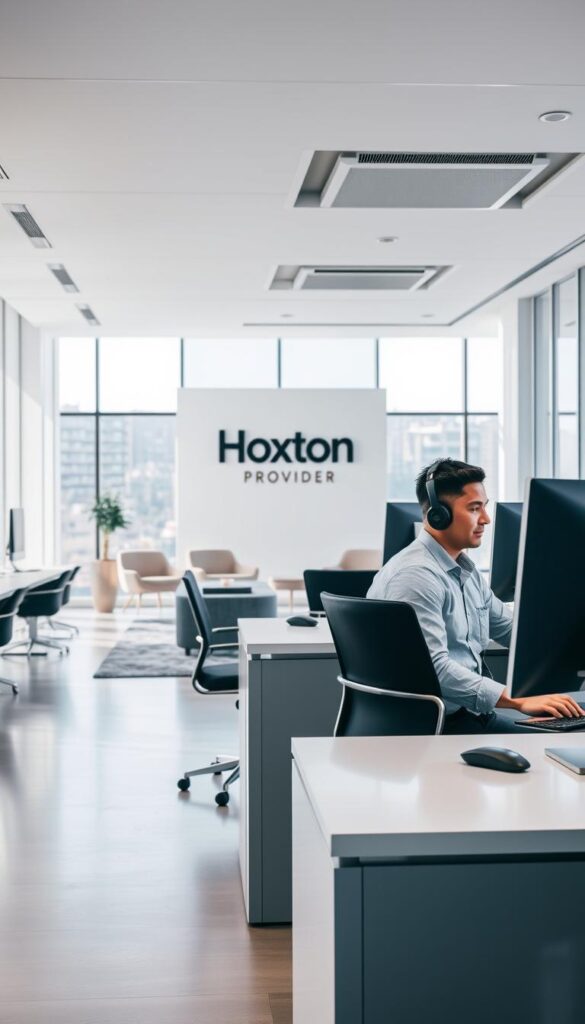 A modern, well-lit customer support office for the Hoxtoon Provider brand. In the foreground, two Hoxtoon employees in business casual attire sit at sleek desks, intently focused on their computer screens while assisting customers over the phone. The middle ground features a central waiting area with comfortable chairs and a Hoxtoon logo wall display. The background showcases floor-to-ceiling windows allowing natural light to flood the space, creating a bright and welcoming atmosphere. The overall scene conveys Hoxtoon's commitment to providing exceptional, personalized customer support.
