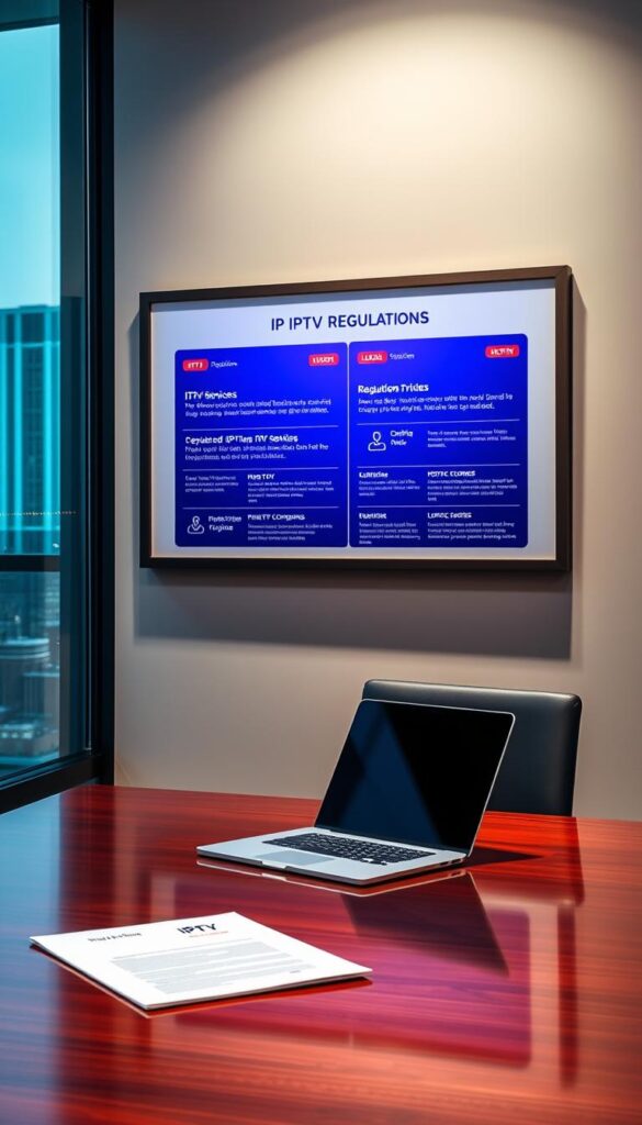 A modern, well-lit interior office setting with a large window overlooking a cityscape. A polished wooden desk with a laptop, legal documents, and a Hoxtoon Provider logo prominently displayed. On the wall, a framed image depicts IPTV regulations, with clean graphics and text outlining the key legal aspects of IPTV services in the USA. The atmosphere is professional, authoritative, and conveys a sense of expertise and compliance. The lighting is soft and diffused, creating a warm, inviting ambiance.