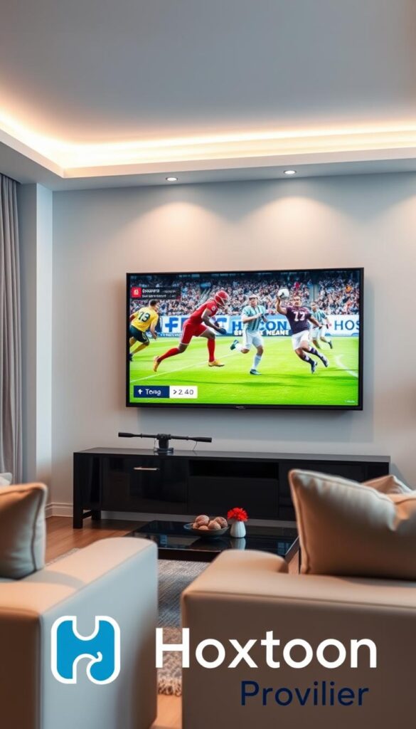 A modern, well-lit living room with a large, flat-screen TV mounted on the wall. On the TV screen, a thrilling sports match is in progress, with players in action and the scoreboard prominently displayed. The room is furnished with comfortable sofas and a coffee table, creating a cozy and inviting atmosphere for sports viewing. The Hoxtoon Provider logo is subtly visible in the corner of the TV screen, indicating the IPTV service being used to stream the live event.