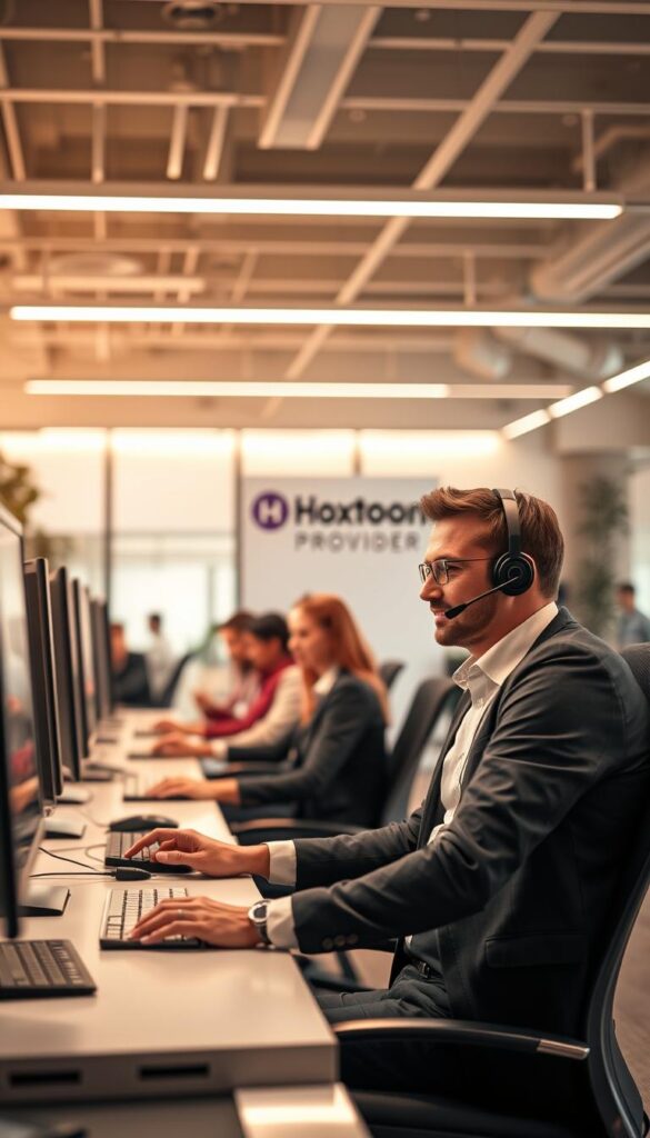 A modern, well-lit office space with a team of professional Hoxtoon Provider customer support representatives assisting customers at their desks. The scene features sleek, minimalist furniture, warm lighting, and a serene, productive atmosphere. In the foreground, a customer service agent is earnestly engaged in a conversation, providing attentive and helpful assistance. The middle ground showcases the rest of the team working diligently, their expressions conveying a sense of dedication and expertise. The background features Hoxtoon Provider branding, emphasizing the company's commitment to superior customer service.