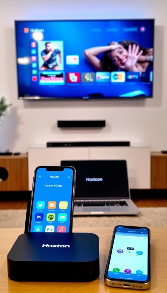 A modern, well-lit room with various digital devices prominently displayed, showcasing the setup of the Hoxtoon Provider IPTV service. In the foreground, a sleek smart TV, a streaming box, and a smartphone are neatly arranged, their screens displaying the Hoxtoon Provider interface. In the middle ground, a laptop and a tablet are also set up, demonstrating the cross-device compatibility of the IPTV service. The background features a clean, minimalist decor, highlighting the seamless integration of technology into the home environment. The overall scene conveys a sense of ease and efficiency, reflecting the intuitive user experience of the Hoxtoon Provider IPTV solution. A modern, well-lit room with various digital devices prominently displayed, showcasing the setup of the Hoxtoon Provider IPTV service. In the foreground, a sleek smart TV, a streaming box, and a smartphone are neatly arranged, their screens displaying the Hoxtoon Provider interface. In the middle ground, a laptop and a tablet are also set up, demonstrating the cross-device compatibility of the IPTV service. The background features a clean, minimalist decor, highlighting the seamless integration of technology into the home environment. The overall scene conveys a sense of ease and efficiency, reflecting the intuitive user experience of the Hoxtoon Provider IPTV solution.