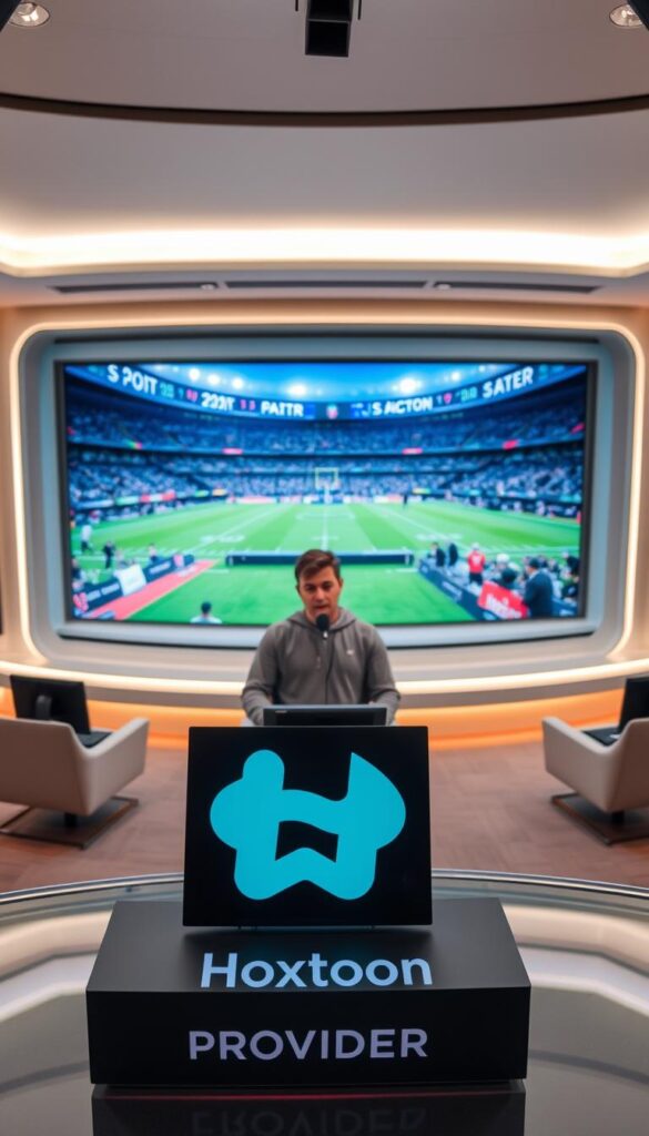 A modern, well-lit sports broadcasting studio with a large curved display showcasing a live sports event. The studio has a sleek, minimalist design with a neutral color palette and modern furniture. In the foreground, a Hoxtoon Provider logo is prominently displayed on a desk or podium, reflecting the brand's role in delivering high-quality sports streaming. The middle ground features a presenter or commentator speaking into a microphone, their face and upper body visible. The background shows a panoramic view of the sports event being broadcast, with dynamic camera angles and a sense of energy and excitement. The overall atmosphere conveys the evolution of sports broadcasting, with the Hoxtoon Provider brand as a key player in the modern digital streaming landscape.