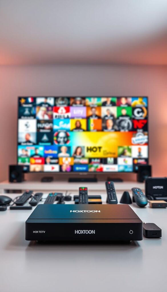 A modern, well-lit studio setting showcasing a variety of 4K IPTV devices and accessories. In the foreground, a sleek Hoxtoon Provider set-top box sits prominently, its bold branding visible. The middle ground features an array of remote controls, streaming sticks, and other peripherals, all neatly arranged to highlight the diverse content library. The background depicts a large, high-resolution display showcasing a vibrant, colorful array of live TV channels, creating an immersive and cinematic atmosphere. The lighting is soft and diffused, creating a sense of depth and professionalism. The overall scene conveys the quality, variety, and accessibility of Hoxtoon Provider's 21,000+ channel universe.