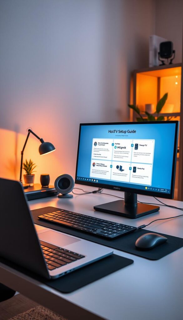 A modern, well-organized home office setup with a sleek laptop, wireless keyboard and mouse, and a high-resolution monitor displaying the Hoxtoon Provider IPTV setup guide. Warm, diffused lighting illuminates the workspace, creating a productive and inviting atmosphere. The guide showcases clear step-by-step instructions and visuals, making the setup process intuitive and user-friendly. In the background, a minimalist bookshelf and potted plant add a touch of sophistication, while the overall composition conveys a sense of efficiency and professionalism.